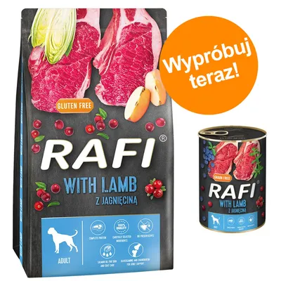 Karma RAFI with lamb z jagnięciną, opakowanie suchej i mokrej karmy dla psa. Widoczne napisy: gluten free, grain free, adult, wypróbuj teraz!