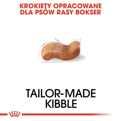 KROKIETY OPRACOWANE DLA PSÓW RASY BOKSER. TAILOR-MADE KIBBLE. Przedstawiono pojedynczy krokiet o nieregularnym kształcie.