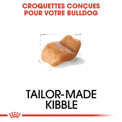 Croquettes conçues pour votre Bulldog, visuel d'une croquette individuelle, texte en anglais : Tailor-made kibble. Texte bilingue français/anglais visible sur l'image.