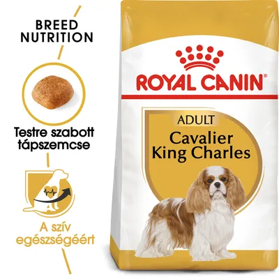 ROYAL CANIN ADULT Cavalier King Charles kutyatáp csomagolás, testre szabott tápszemcse képe, szöveg: A szív egészségéért, Breed Nutrition