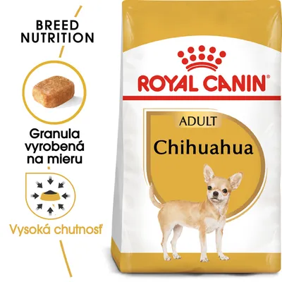 Royal Canin ADULT Chihuahua, granula vyrobená na mieru, vysoká chutnosť. Balenie s obrázkom psa chihuahua a detailom tvaru granuly.