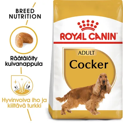 Royal Canin ADULT Cocker -koiranruokapakkaus, räätälöity kuivannappula, tekstit: Breed Nutrition, Räätälöity kuivannappula, Hyvinvoiva iho ja kiiltävä turkki