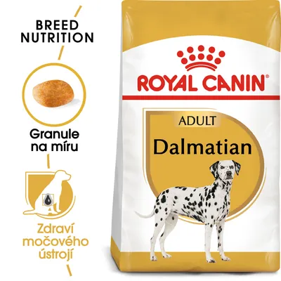 Balení krmiva ROYAL CANIN ADULT Dalmatian, obrázek granule na míru, text: Granule na míru, Zdraví močového ústrojí, BREED NUTRITION.