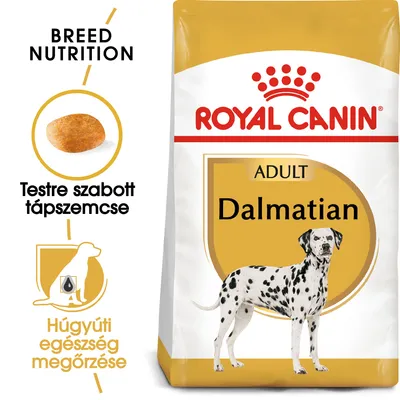 ROYAL CANIN ADULT Dalmatian kutyatáp csomagolás, testre szabott tápszemcse képe, szöveg: Húgyúti egészség megőrzése, BREED NUTRITION, Testre szabott tápszemcse.