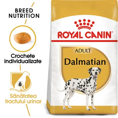 Pachet Royal Canin Adult Dalmatian, text vizibil: Crochete individualizate, Sănătatea tractului urinar, imagine croșetă și siluetă dalmațian. Breed Nutrition.