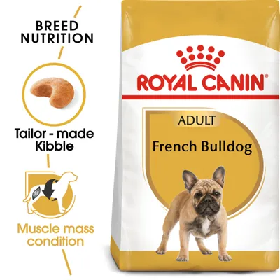 ROYAL CANIN ADULT French Bulldog dry food pack, with text: Breed Nutrition, Tailor-made Kibble, Muscle mass condition. Image of kibble piece and outline of a dog shown.
