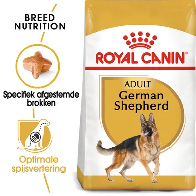 Royal Canin Adult German Shepherd hondenvoer, afbeelding van brokjes, tekst: Specifiek afgestemde brokken, Optimale spijsvertering, Breed Nutrition. Royal Canin Adult German Shepherd hondenvoer, afbeelding van brokjes, tekst: Specifiek afgestemde brokken, Optimale spijsvertering, Breed Nutrition.