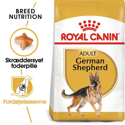 Royal Canin Adult German Shepherd hundefoderpose med billede af schæferhund, tekst: Breed Nutrition, Skræddersyet foderpille, Fordøjelsesevne, samt formet foderpille vist.