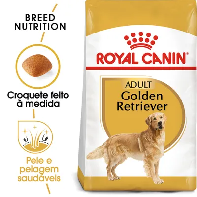 Embalagem Royal Canin Adult Golden Retriever, texto visível: 'Croquete feito à medida', 'Pele e pelagem saudáveis', imagem de croquete e cão Golden Retriever.