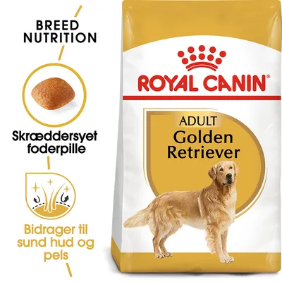 ROYAL CANIN ADULT Golden Retriever hundefoder, tekst: Breed Nutrition, Skræddersyet foderpille, Bidrager til sund hud og pels. Billede af foderpille og Golden Retriever.
