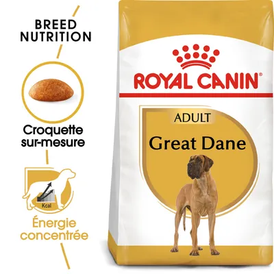 Sac de croquettes Royal Canin Adult Great Dane, texte visible : Croquette sur-mesure, Énergie concentrée, image d’un chien dogue allemand et d’une croquette.