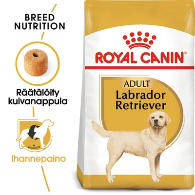 Royal Canin Adult Labrador Retriever -kuivaruokapakkaus, tekstit: Räätälöity kuivanappula, Ihannepaino, BREED NUTRITION. Kuvassa nappula ja labradorinnoutaja.