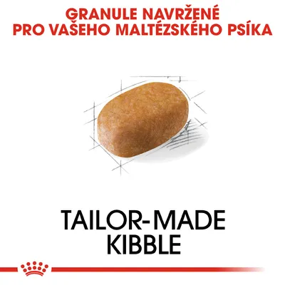 Granule navržené pro vašeho maltézského psíka. TAILOR-MADE KIBBLE. Zobrazení jedné granule na bílém pozadí.