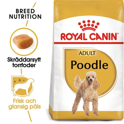 Royal Canin Adult Poodle torrfoder, text: Skräddarsytt torrfoder, Frisk och glansig päls, bild på pudel och foderbit. Förpackning med gul och vit design.