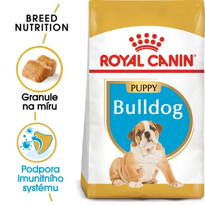 ROYAL CANIN PUPPY Bulldog, granule na míru, podpora imunitního systému. Obal s obrázkem štěněte buldoka a zvýrazněnými benefity.