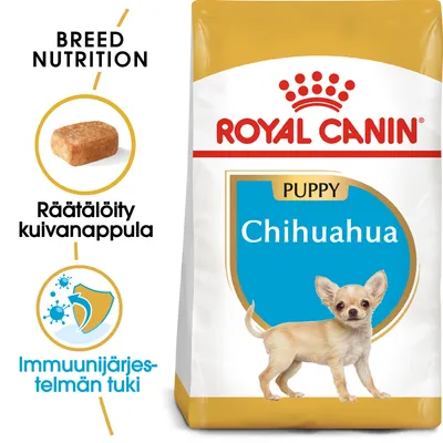 Royal Canin Puppy Chihuahua -kuivaruokapakkaus, tekstit: Räätälöity kuivanappula, Immuunijärjestelmän tuki, kuva nappulasta ja chihuahuasta