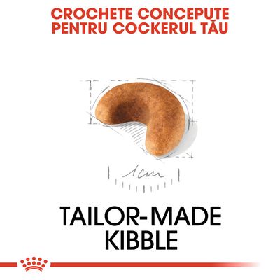 Crochete concepute pentru cockerul tău, imagine cu o croșetă de aproximativ 1 cm. Text suplimentar: TAILOR-MADE KIBBLE.