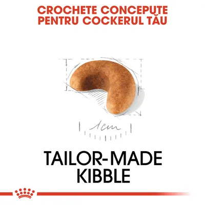 Crochete concepute pentru cockerul tău, imagine cu o croșetă de aproximativ 1 cm. Text suplimentar: TAILOR-MADE KIBBLE.