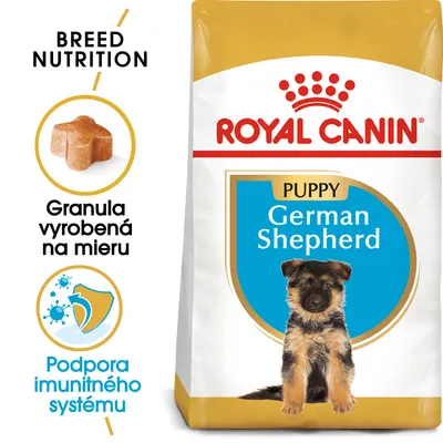 ROYAL CANIN PUPPY German Shepherd, granula vyrobená na mieru, podpora imunitného systému, balenie s obrázkom šteniatka nemeckého ovčiaka.
