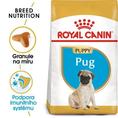 ROYAL CANIN PUPPY Pug, obrázek štěněte mopsíka, text: Granule na míru, Podpora imunitního systému, BREED NUTRITION, zobrazení tvaru granule.