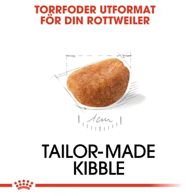 Text: Torrfoder utformat för din Rottweiler. Bild på ett torrfoder, cirka 1 cm stort. Text: Tailor-made kibble.