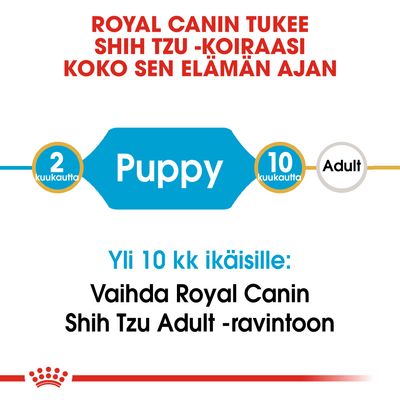 ROYAL CANIN tukee Shih Tzu -koiraasi koko sen elämän ajan. 2 kuukautta Puppy, 10 kuukautta Adult. Yli 10 kk ikäisille: Vaihda Royal Canin Shih Tzu Adult -ravintoon.