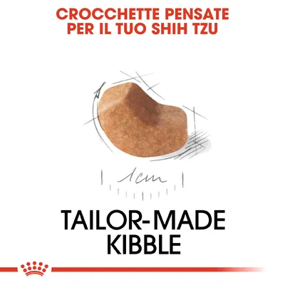 Testo: Crocchette pensate per il tuo Shih Tzu. Immagine di una crocchetta con indicazione 1 cm. Testo in inglese: Tailor-made kibble.