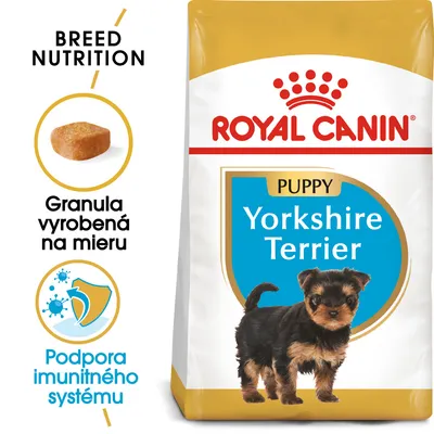 Royal Canin Puppy Yorkshire Terrier. Granula vyrobená na mieru. Podpora imunitného systému. Balenie s obrázkom šteniatka yorkshira.