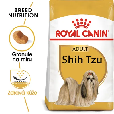 Balení krmiva Royal Canin Adult Shih Tzu, obrázek psa Shih Tzu, text: Granule na míru, Zdravá kůže, Breed Nutrition. Balení krmiva Royal Canin Adult Shih Tzu, obrázek psa Shih Tzu, text: Granule na míru, Zdravá kůže, Breed Nutrition.