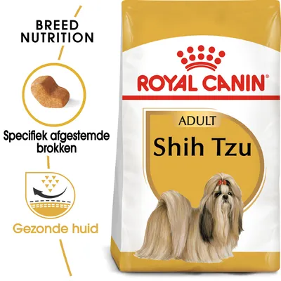 Royal Canin Adult Shih Tzu hondenvoer, afbeelding van brokjes, tekst: 'Specifiek afgestemde brokken', 'Gezonde huid', verpakking met afbeelding van een Shih Tzu hond.