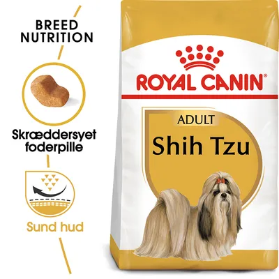 ROYAL CANIN ADULT Shih Tzu hundefoder, illustration af Shih Tzu, tekst: Breed Nutrition, Skræddersyet foderpille, Sund hud, billede af foderpille og grafisk element.