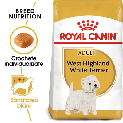 Pachet Royal Canin Adult West Highland White Terrier, text vizibil: Crochete individualizate, Sănătatea blănii, imagine croșetă și câine alb pe ambalaj.