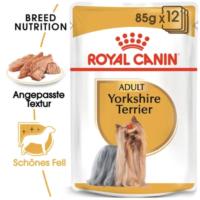 Royal Canin Adult Yorkshire Terrier Nassfutter, 85g x 12. Angepasste Textur für schönes Fell. Breed Nutrition mit Abbildung eines Yorkshire Terriers und Futterstücken. Royal Canin Adult Yorkshire Terrier Nassfutter, 85g x 12. Angepasste Textur für schönes Fell. Breed Nutrition mit Abbildung eines Yorkshire Terriers und Futterstücken.