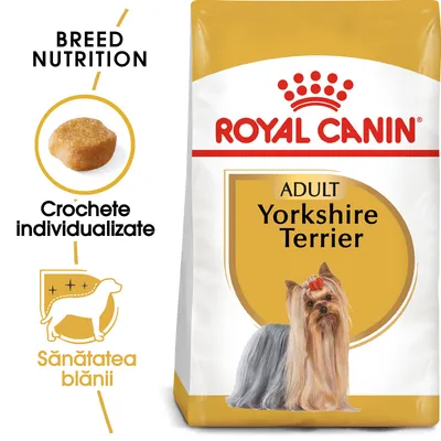 Pachet Royal Canin Adult Yorkshire Terrier, imagine cu croșetă individualizată, text: Crochete individualizate, Sănătatea blănii, BREED NUTRITION.