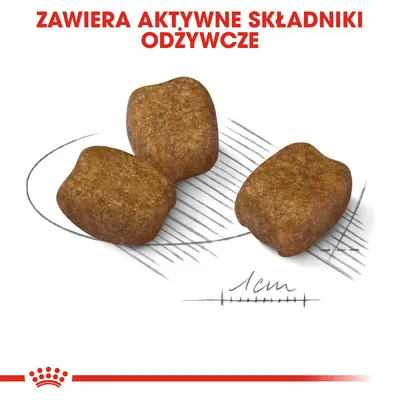 Trzy kawałki karmy, przekrój z miarką 1 cm. Napis: ZAWIERA AKTYWNE SKŁADNIKI ODŻYWCZE.