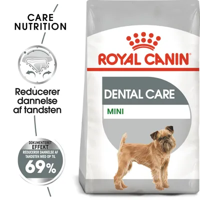 Royal Canin Dental Care Mini hundefoder. Tekst: Reducerer dannelse af tandsten, dokumenteret effekt reducerer dannelse af tandsten med op til 69 %. Billede af lille hund.