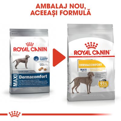 Imagine comparativă cu două ambalaje Royal Canin Dermacomfort Maxi pentru câini, text vizibil: 'AMBALAJ NOU, ACEEAȘI FORMULĂ', 'Reduced Allergen Formula', '91% câini satisfăcuți'.