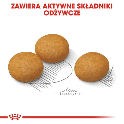 Trzy okrągłe granulki karmy o średnicy około 1 cm, widoczna miarka oraz tekst: ZAWIERA AKTYWNE SKŁADNIKI ODŻYWCZE.