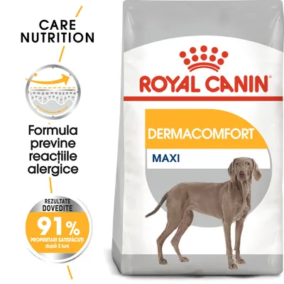 Pachet Royal Canin Dermacomfort Maxi cu imagine câine, text: Formula previne reacțiile alergice, 91% proprietari satisfăcuți după 2 luni, rezultate dovedite.