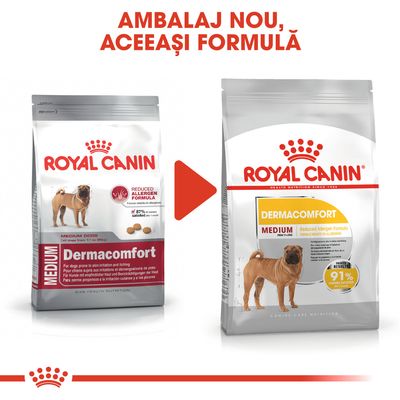 Comparare ambalaj vechi și nou Royal Canin Dermacomfort Medium pentru câini, text vizibil: 'Ambalaj nou, aceeași formulă', 'Reduced Allergen Formula', '91% câini satisfăcuți'.