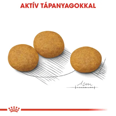 Három kerek táp szem, alatta 1 cm-es méretjelölés. Felül: AKTÍV TÁPANYAGOKKAL.