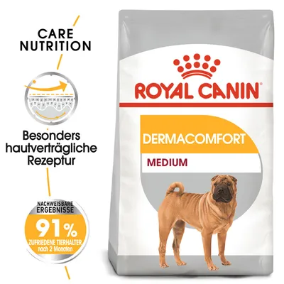 Royal Canin Dermacomfort Medium. Posebno koži prijazna receptura. Dokazani rezultati: 91 % zadovoljnih lastnikov po 2 mesecih.
