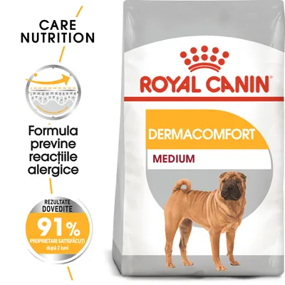 Pachet Royal Canin Dermacomfort Medium cu imagine câine, text: Formula previne reacțiile alergice, 91% proprietari satisfăcuți după 2 luni, Care Nutrition, rezultate dovedite. Pachet Royal Canin Dermacomfort Medium cu imagine câine, text: Formula previne reacțiile alergice, 91% proprietari satisfăcuți după 2 luni, Care Nutrition, rezultate dovedite.