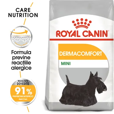 Royal Canin Dermacomfort Mini. Text vizibil: Formula previne reacțiile alergice, rezultate dovedite 91% proprietari satisfăcuți după 2 luni. Imagine câine negru pe ambalaj.