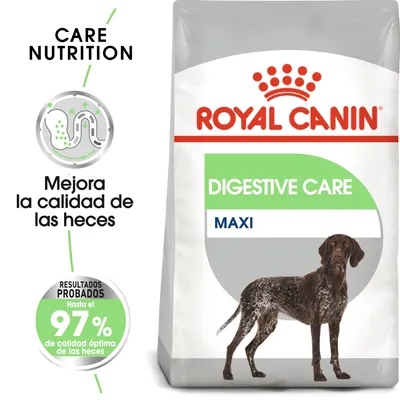 Royal Canin Digestive Care Maxi. Mejora la calidad de las heces. Resultados probados: hasta el 97 % de calidad óptima de las heces. Imagen de perro grande en el envase.