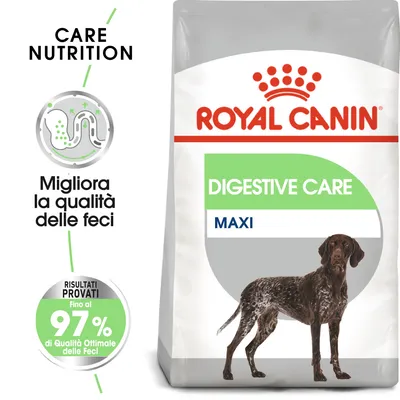 ROYAL CANIN DIGESTIVE CARE MAXI, migliora la qualità delle feci, risultati provati fino al 97% di qualità ottimale delle feci, immagine di un cane su confezione.