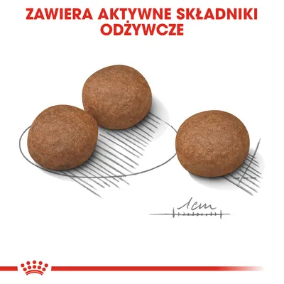 Trzy okrągłe granulki karmy, pod nimi miarka z oznaczeniem 1 cm. U góry napis: ZAWIERA AKTYWNE SKŁADNIKI ODŻYWCZE.