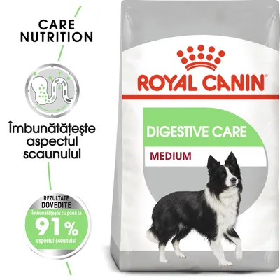 Royal Canin Digestive Care Medium. Îmbunătățește aspectul scaunului. Rezultate dovedite: îmbunătățește cu până la 91% aspectul scaunului.