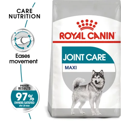 Royal Canin Joint Care Maxi food packaging with claims: eases movement, 97% owners satisfied after 28 days, care nutrition, proven results.