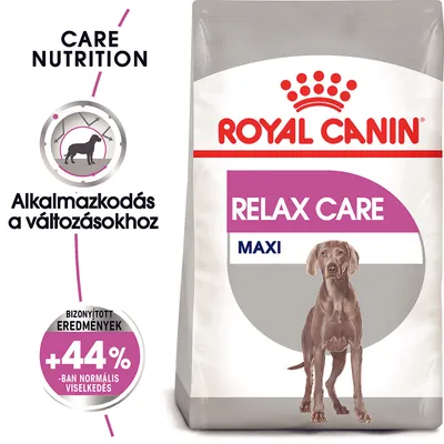 Royal Canin Relax Care Maxi kutyatáp csomagolás, látható szövegek: CARE NUTRITION, Alkalmazkodás a változásokhoz, Bizonyított eredmények +44%-ban normális viselkedés